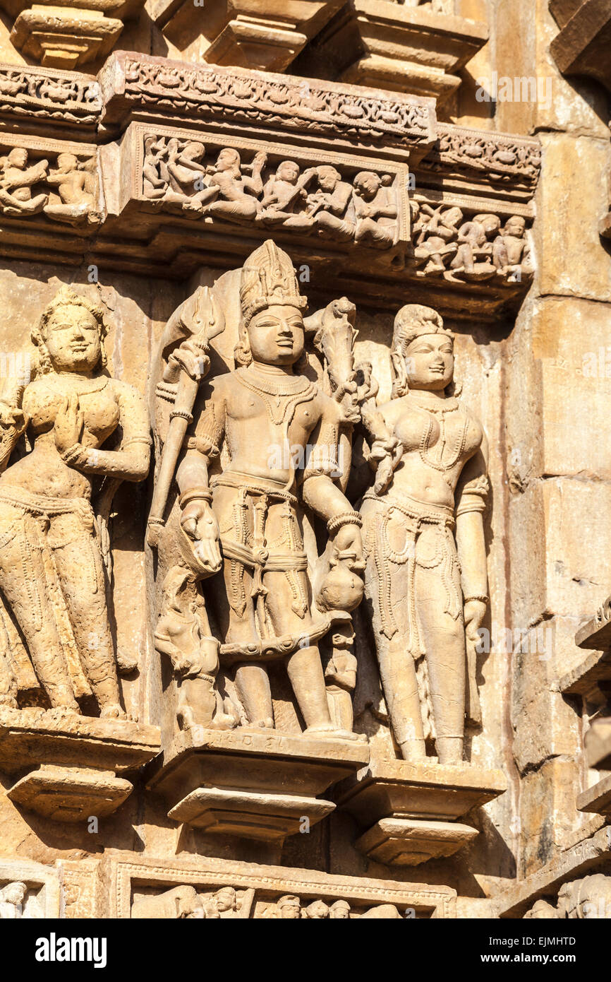 The famous carvings at a Hindu temple in the Western Group at Khajuraho, Madhya Pradesh, India Stock Photo