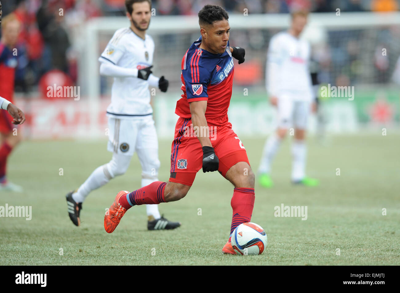 Bridgeview, Illinois, USA. 29th Mar, 2015. Chicago Fire forward Quincy Amarikwa (24) prepares to kick the ball in the first half during the Major League Soccer game between the Philadelphia Union and the Chicago Fire at Toyota Park in Bridgeview, IL. Credit:  Cal Sport Media/Alamy Live News Stock Photo