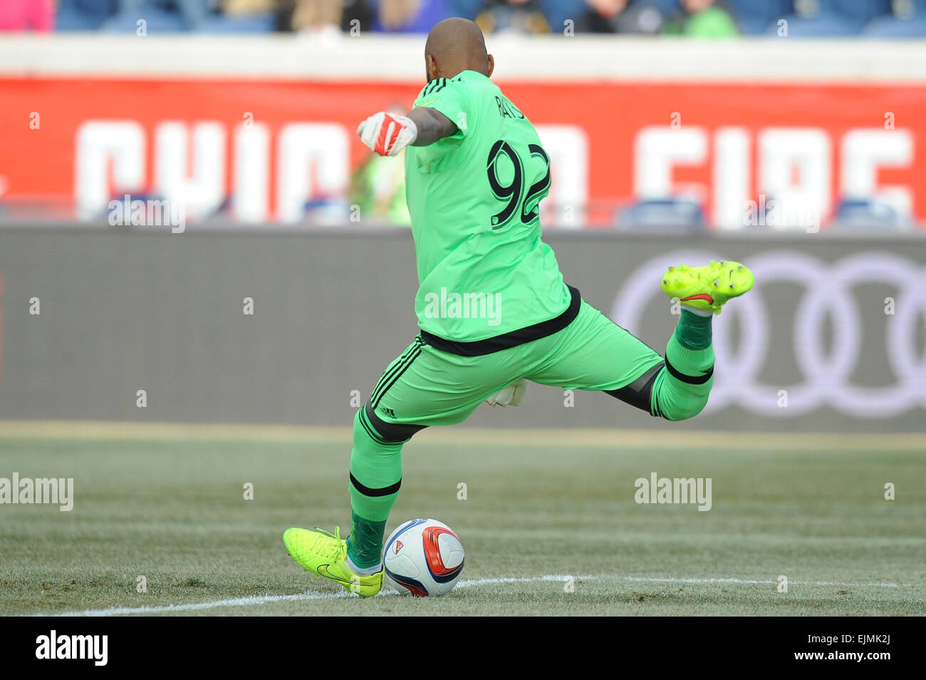 Bridgeview, Illinois, USA. 29th Mar, 2015. Philadelphia Union goalkeeper Rais Mbolhi (92) kicks the ball down field in the first half during the Major League Soccer game between the Philadelphia Union and the Chicago Fire at Toyota Park in Bridgeview, IL. Credit:  Cal Sport Media/Alamy Live News Stock Photo