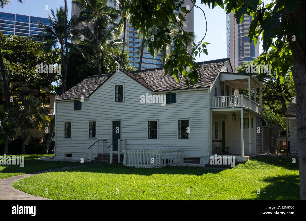 Old frame clapboard building at Mission Houses Museum in Honolulu, Oahu