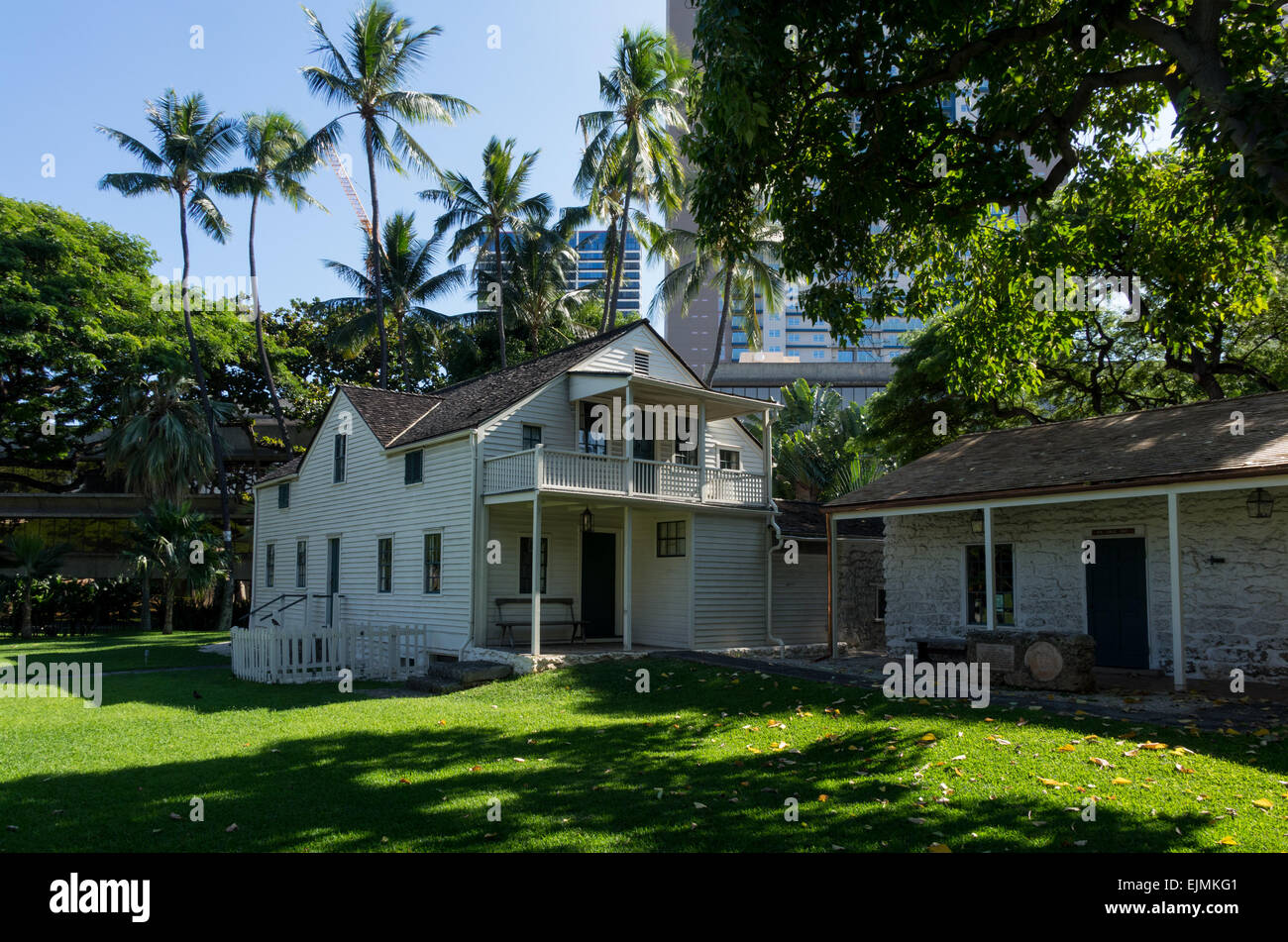 Old frame clapboard building at Mission Houses Museum in Honolulu, Oahu