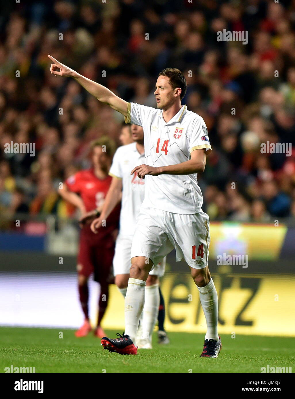Lisbon, Portugal. 29th Mar, 2015. Nemanja Matic of Serbia celebrates his goal during the UEFA Euro 2016 Group I qualifying match against Portugal in Lisbon, Portugal, March 29, 2015. Serbia lost 1-2. Credit:  Zhang Liyun/Xinhua/Alamy Live News Stock Photo