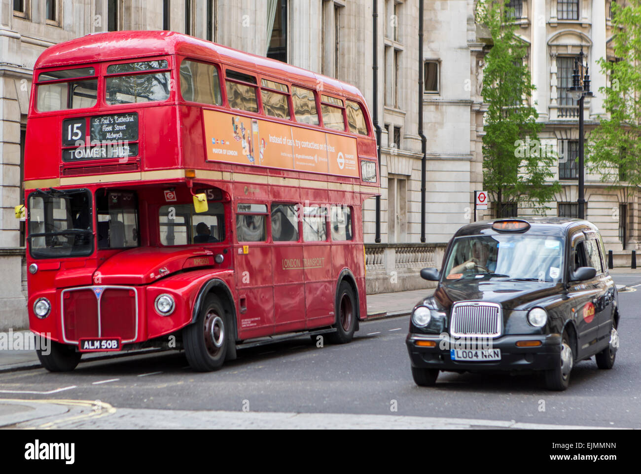 Red double-decker bus and London taxi, London Stock Photo