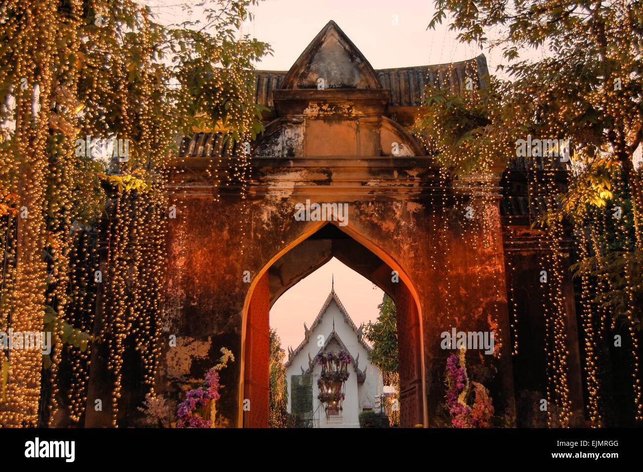 Illuminated Entrance to Royal Palace, Lopburi, Thailand Stock Photo