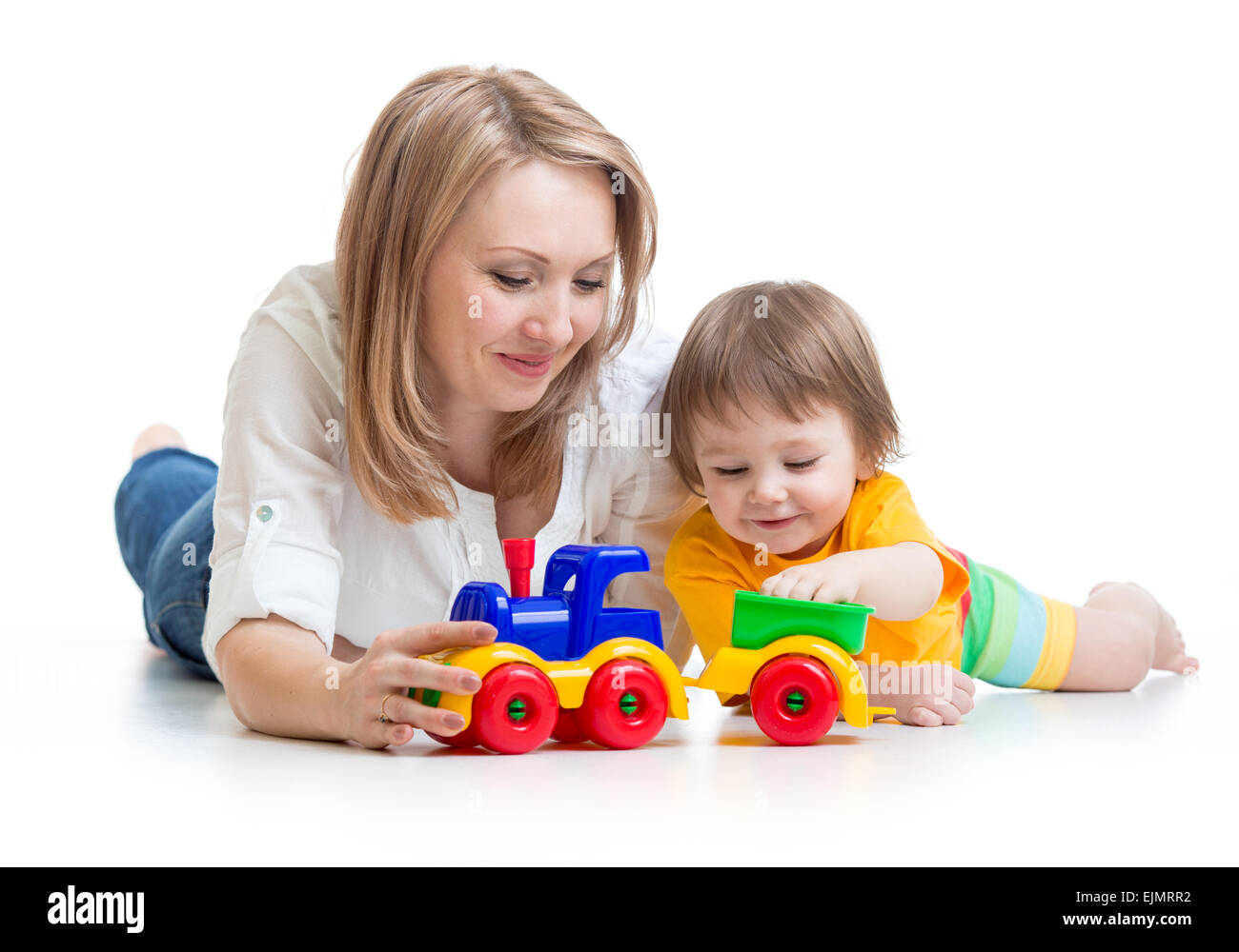 kid boy and mother play together with toy Stock Photo