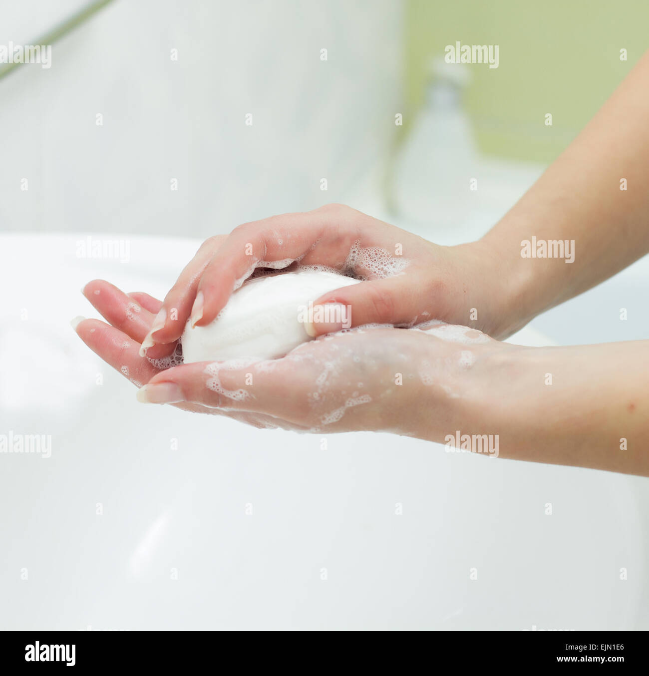Washing Hands with soap in bathroom. Hygiene Stock Photo - Alamy