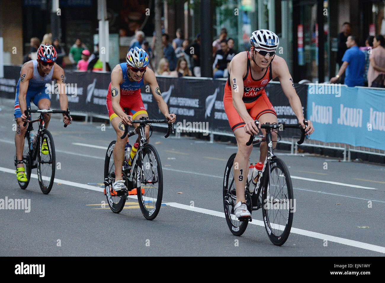 Auckland, New Zealand. 29th Mar, 2015. Auckland, New Zealand - March 29, 2015 - Leonardo Chacon (Costa Rica, CRC), Mario Mola (Spain, ESP) and Andrew Yorke (Canada, CAN), L-R, during the bike stage at the 2015 International World Triathlon Series Elite Men on March 29, 2015 in Auckland, New Zealand. © dpa/Alamy Live News Stock Photo