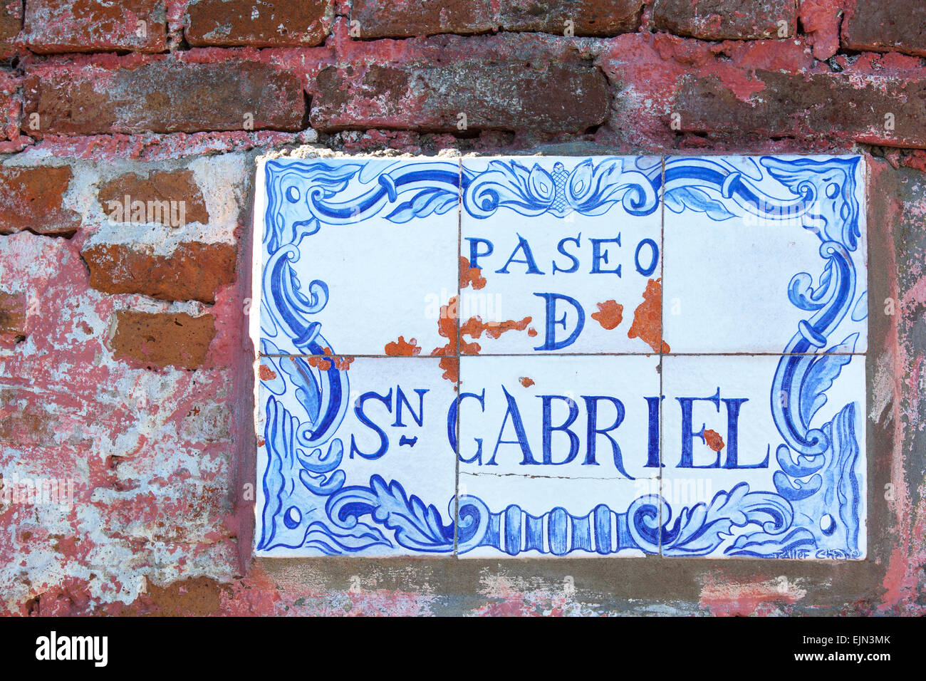 ''Calle del Sn.Gabriel'', ceramic handicraft in a street of the historical neighborhood of Colonia del Sacramento. Uruguay. Stock Photo