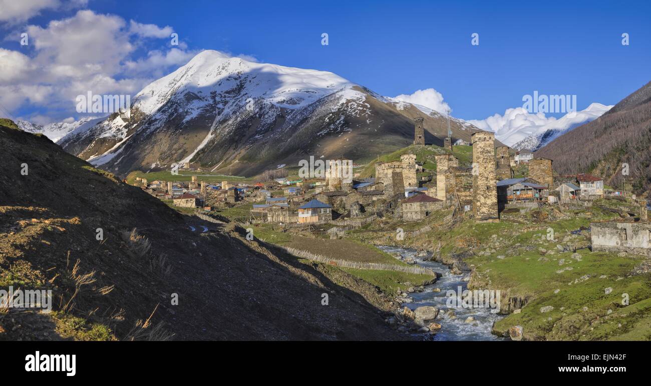 Scenic panorama of Svaneti in Georgia with traditional stone towers, symbol of the region Stock Photo