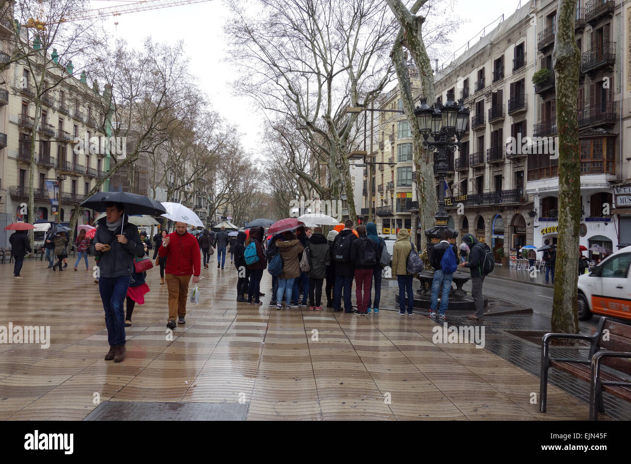 People with umbrellas on rainy day on Las Ramblas, Barcelona, Catalonia