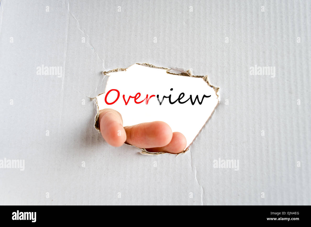 Hand and text Overview for text on the cardboard background - business concept Stock Photo