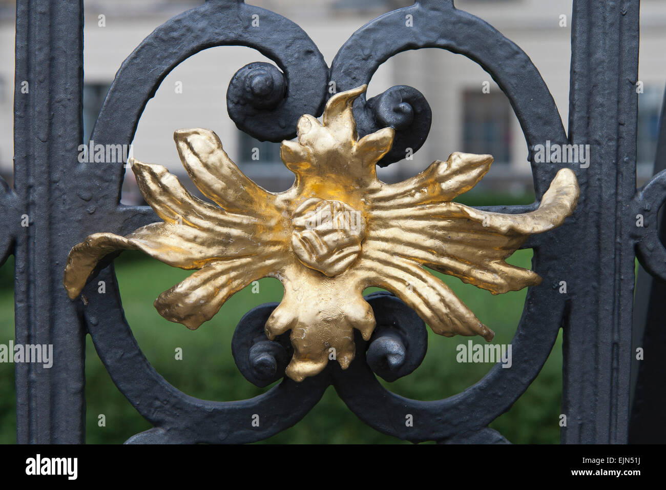 Close-up on golden ornament on a gate made of cast iron Stock Photo