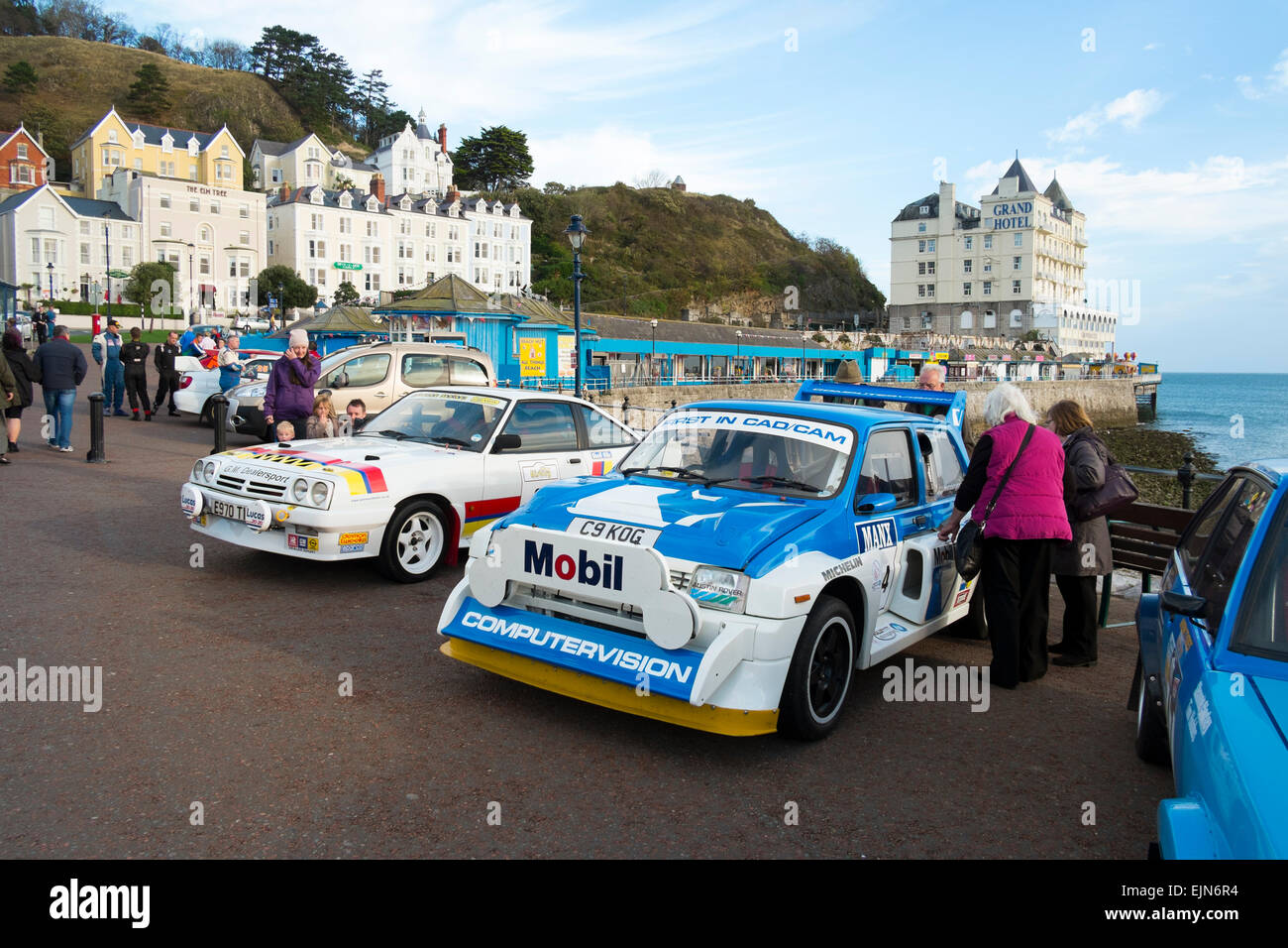 Metro 6R4 and Opel Manta rally cars on the seafront at Llandudno, Wales, at the start of the Cambrian Rally. Stock Photo