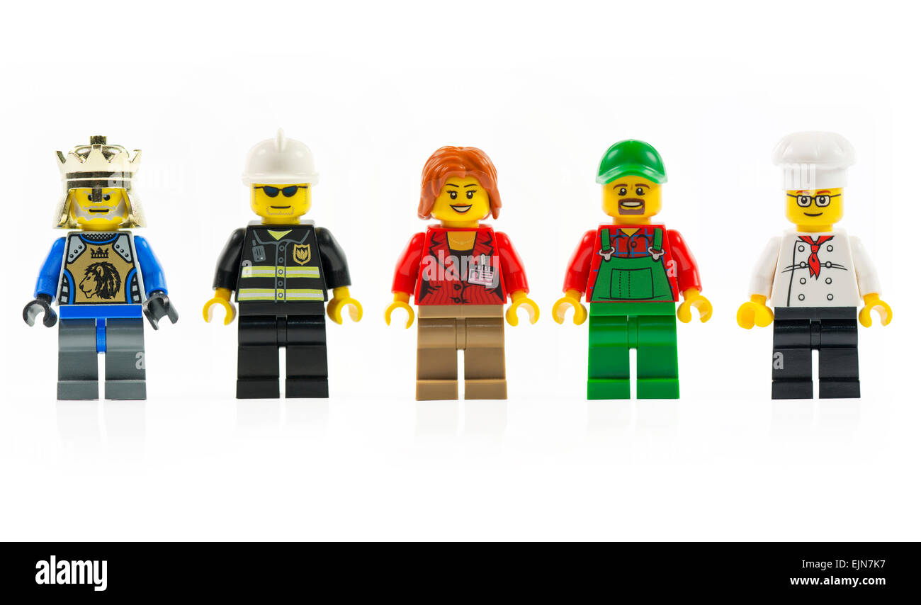 A group of five various lego mini characters isolated on white. Stock Photo