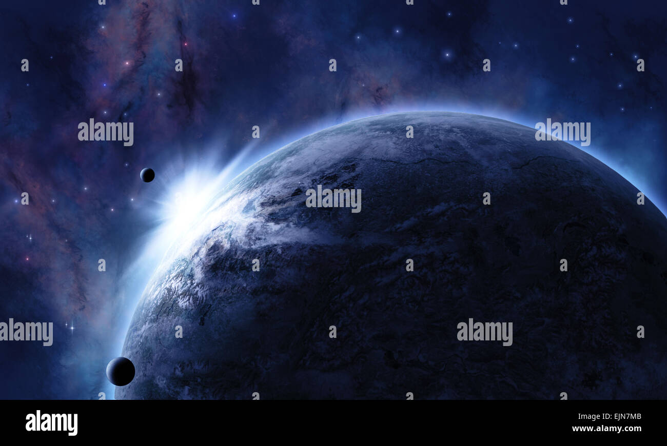 space background with planet in front eclipsed the star Stock Photo