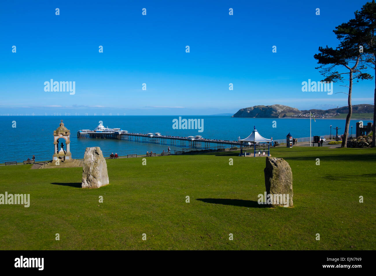 Happy Valley Gardens, stone circle and pier, Llandudno, Wales, UK Stock