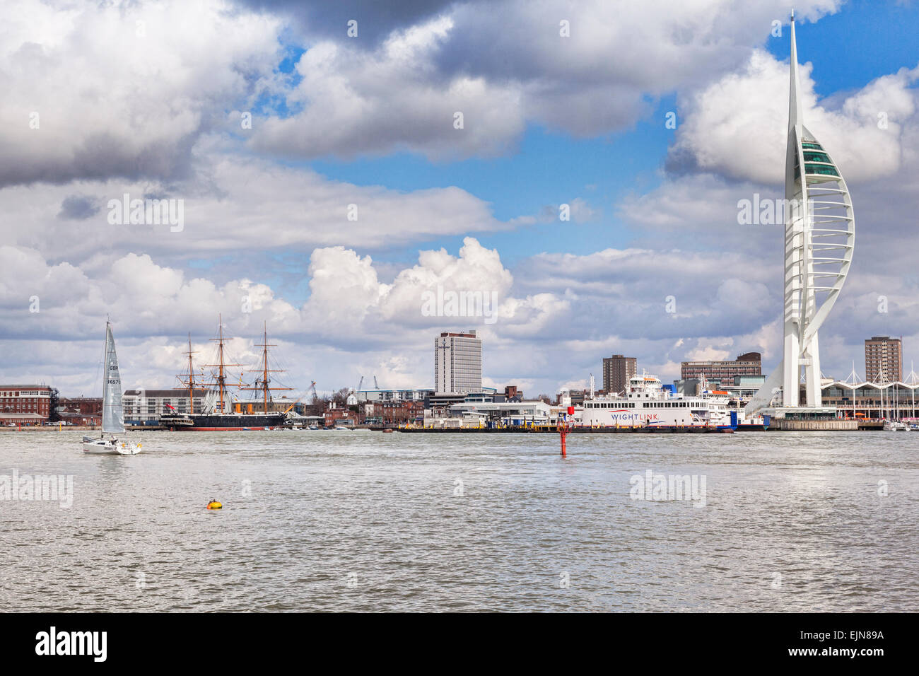 Portsmouth Harbour from the sea, with the Spinnaker Tower and HMS Warrior, and the Isle of Wight ferry. Stock Photo