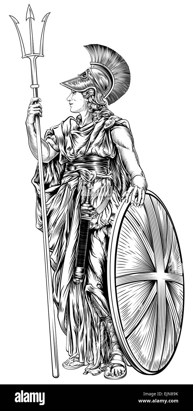 An original illustration of Britannia, personification of Britain, holding a Union Jack Shield and trident in a vintage woodcut Stock Photo