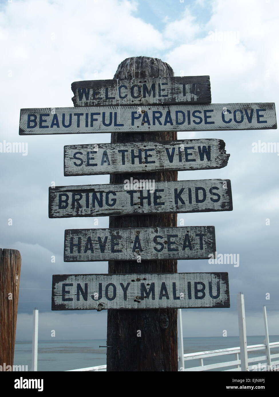 Welcome Sign At Paradise Cove, Malibu, Los Angeles, California Stock Photo
