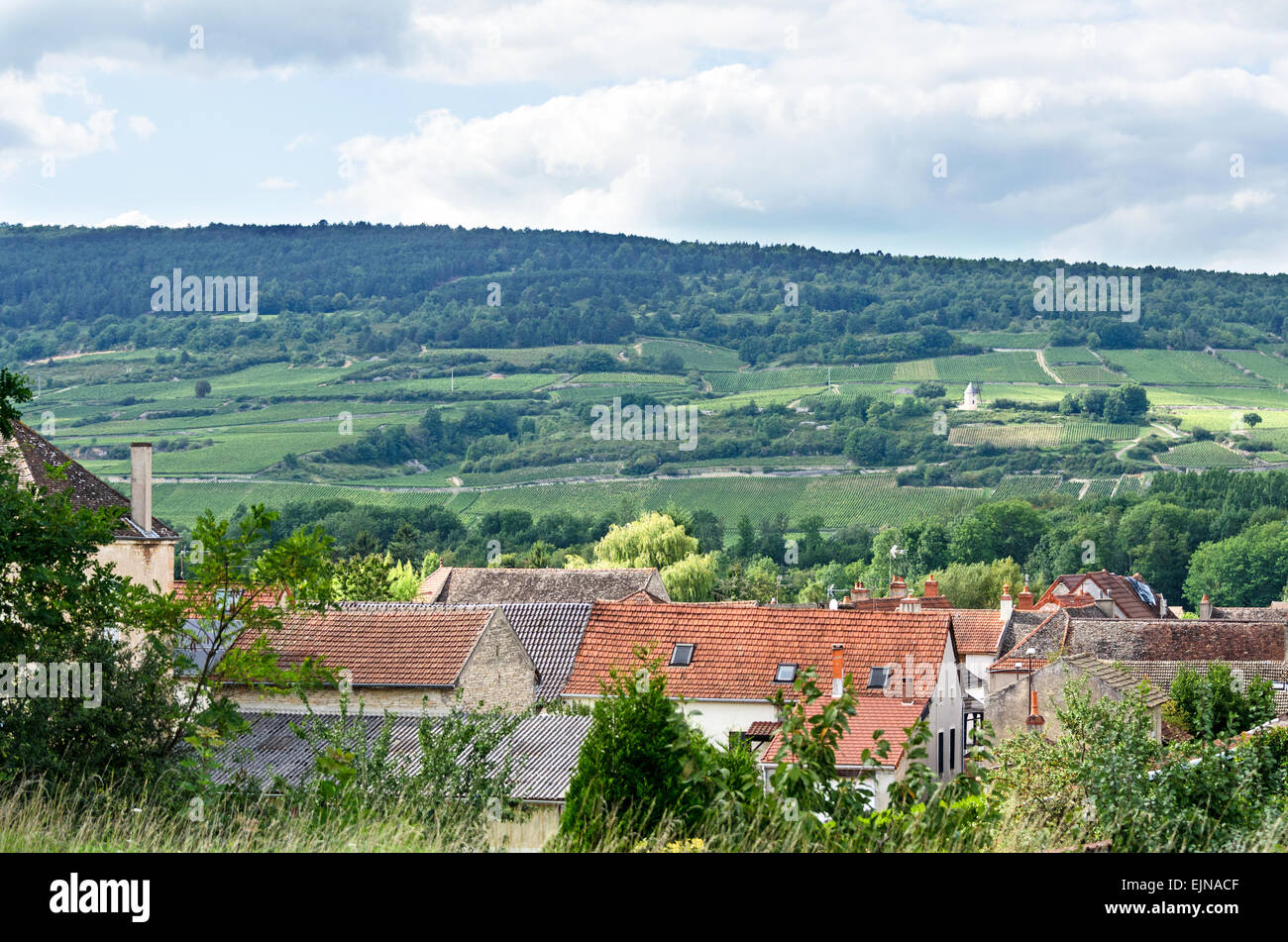 Looking over the terracotta-tiled roofs of Remigny, France, to the vineyards surrounding the Moulin de Santenay. Stock Photo