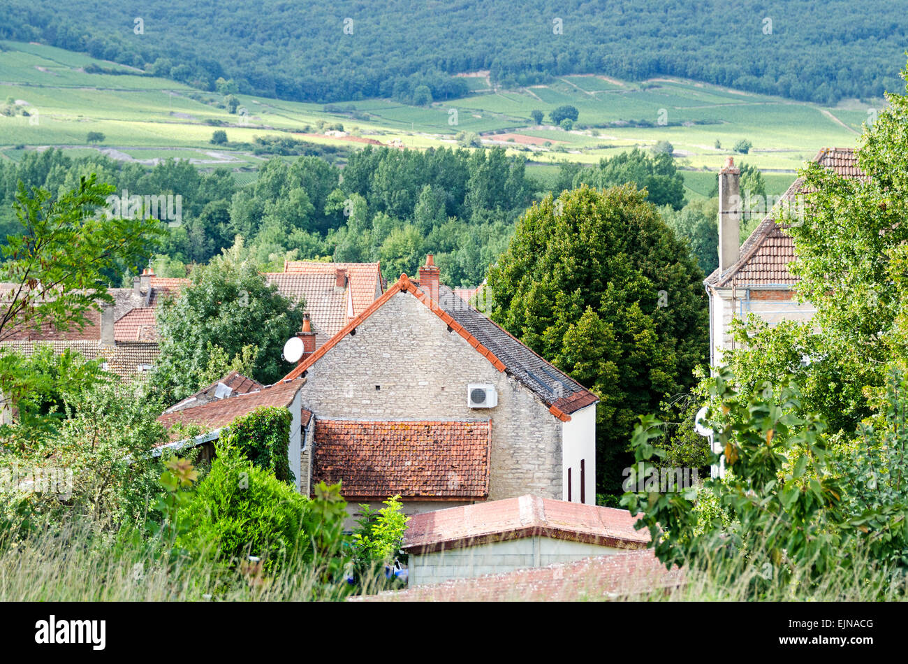 Looking over the terracotta-tiled roofs of Remigny, France, from the the Canal du Centre. Stock Photo