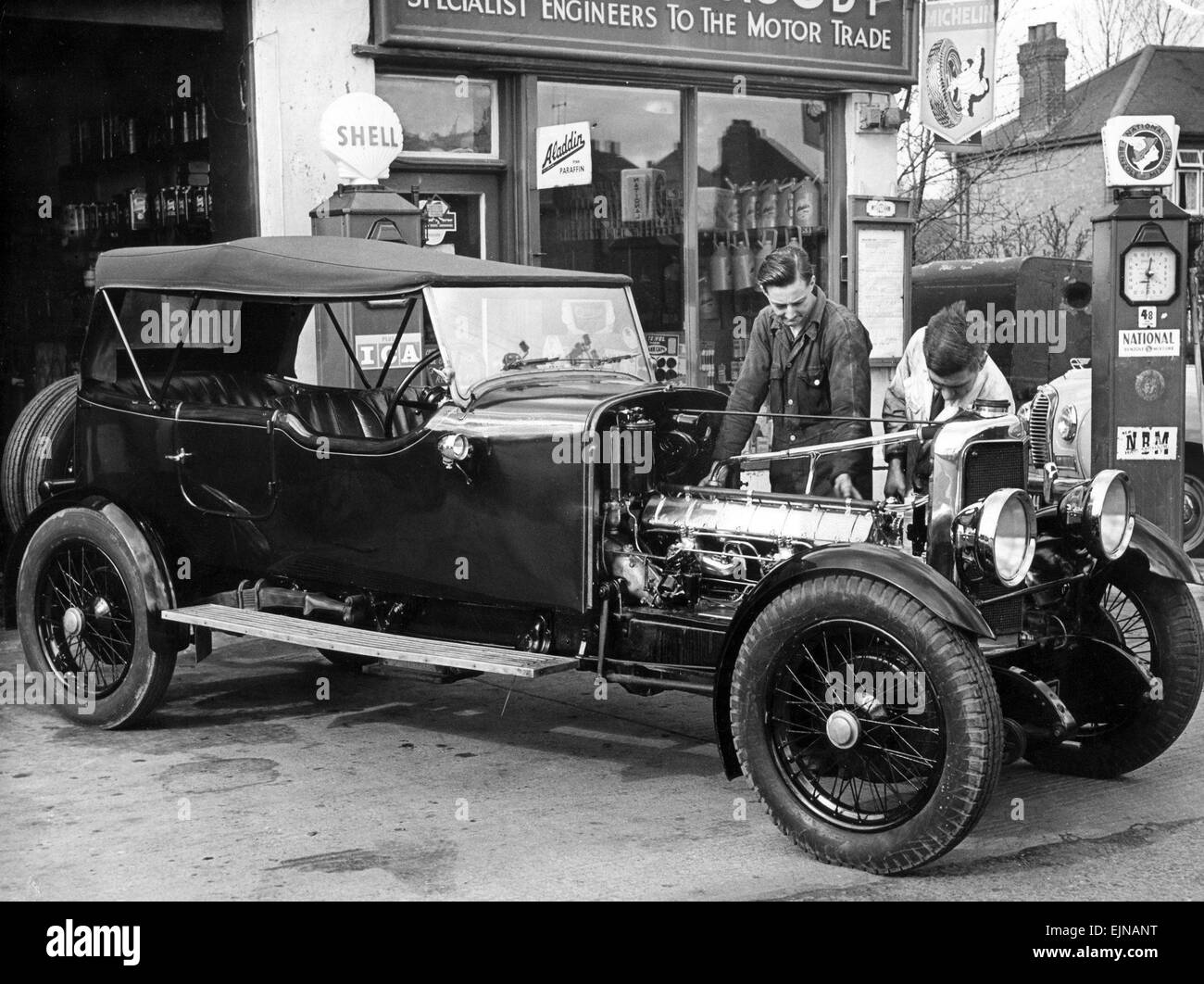 This 1927 Sunbeam 3 Ltr.Super Sports Tourer car outside the Rugby garage where it is being restored. 27th March 1957 Stock Photo