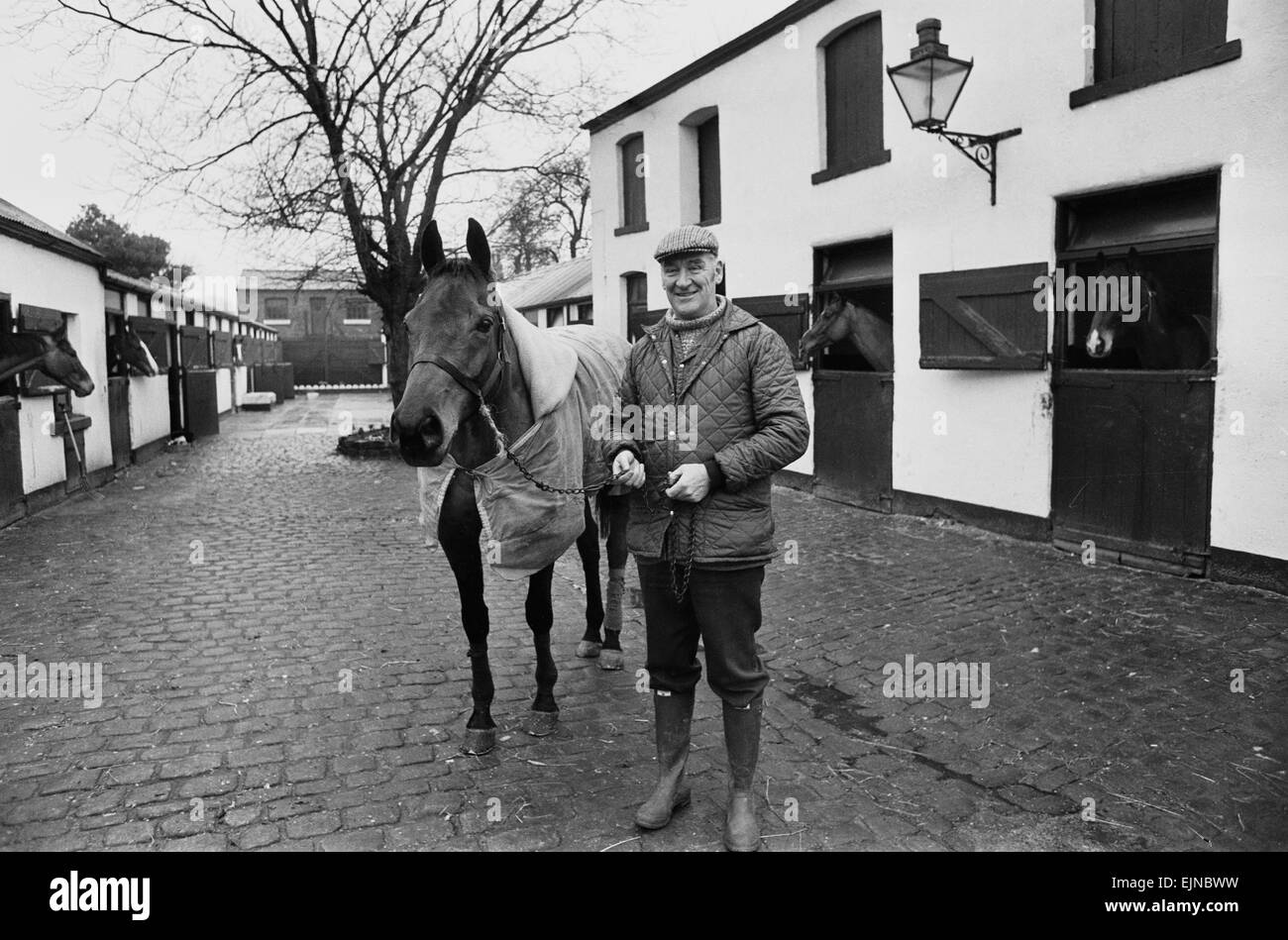 Donald 'Ginger' McCain, the trainer of three times Grand National winner Red Rum, pictured with the famous racehorse at their stables in Birkdale, Southport in Merseyside. 13th January 1978. Stock Photo