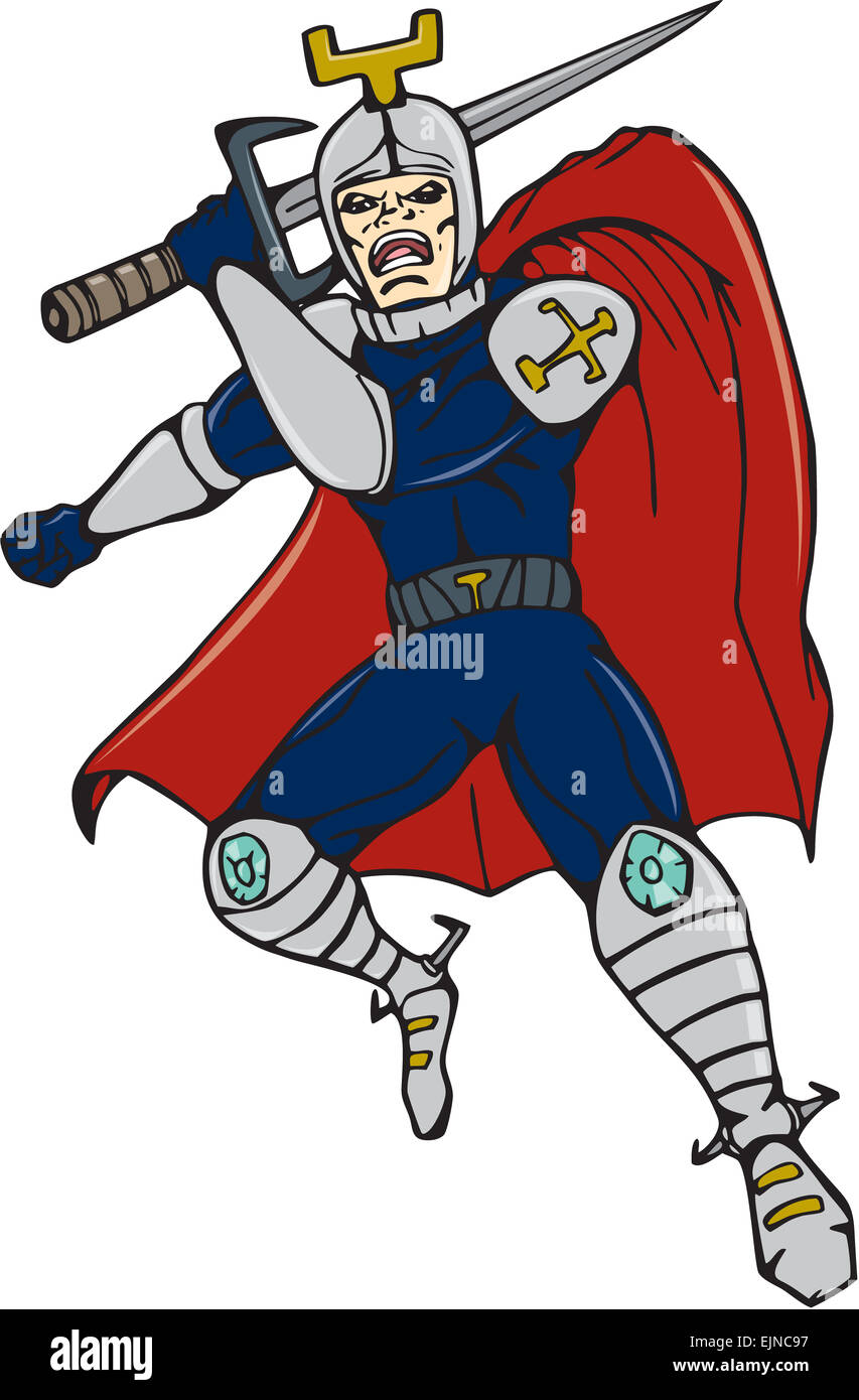 Cartoon style illustration of a knight with cape brandshing a sword viewed from front on isolated background. Stock Photo