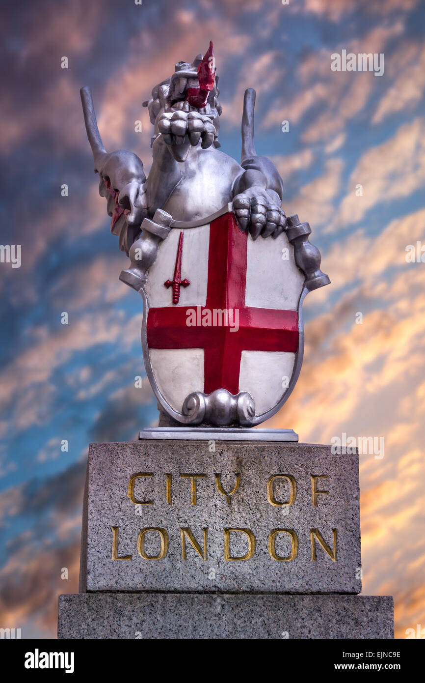 One of the City of London Dragon Crests on London Bridge in the city of London - England. Stock Photo