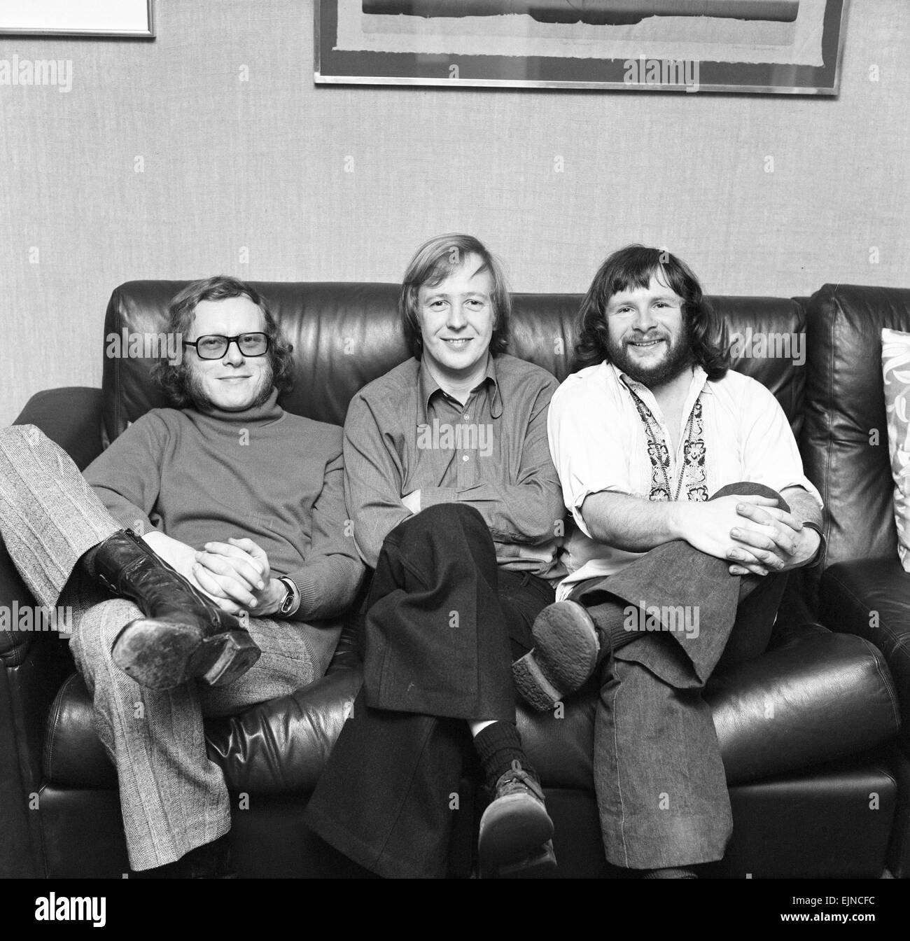 The Goodies, will be returning for a new series on BBC2 at 8.15 pm from Sunday. Photocall for interview at Graeme Garden's North London home, Thursday 25th January 1973. The Goodies Trio are Tim Brooke-Taylor, Graeme Garden & Bill Oddie. Stock Photo