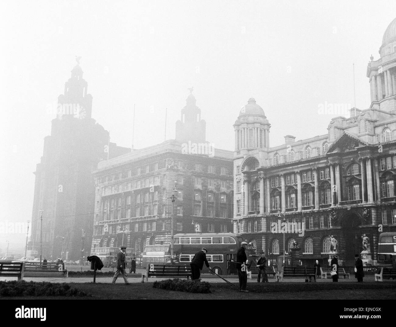 Unemployed and views of Liverpool, Merseyside, 30th November 1962. The Royal Liver Building and the Cunard building. Stock Photo