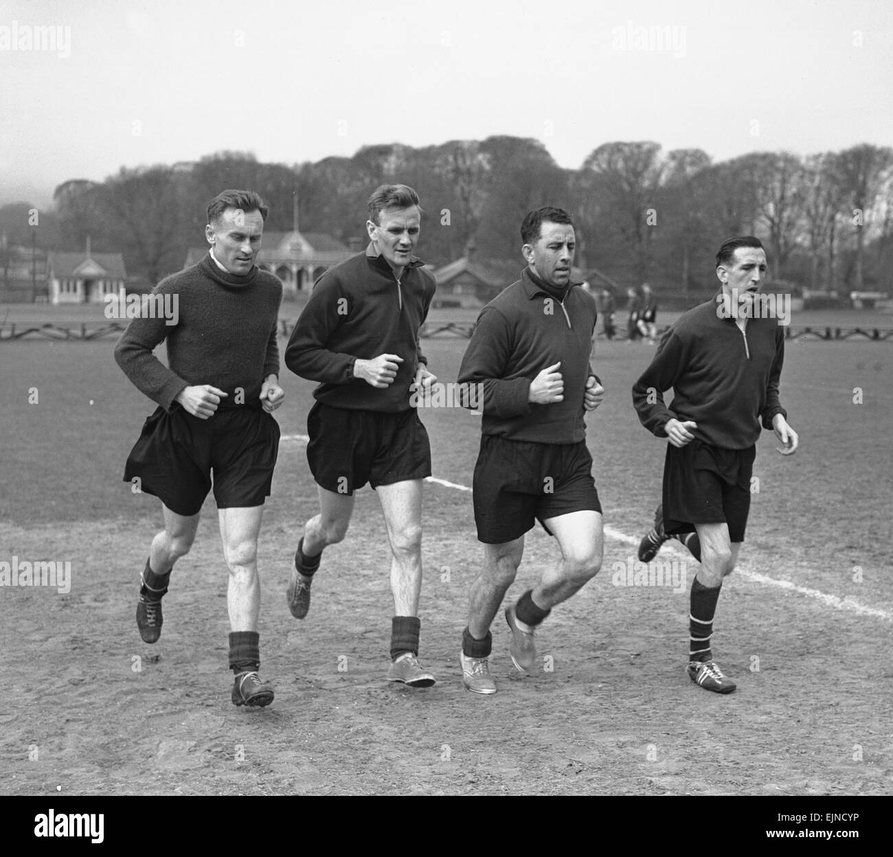 Manchester City players training; Right to left Ken Barnes, Paul Roy, Don Revie 10th May 1956 *** Local Caption *** - - 14/07/2010 Stock Photo