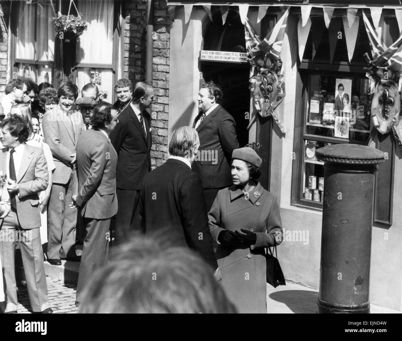 The Queen visits Manchester, 5th May 1982. Set of television programme Coronation Street. Prince Philip. Alf Roberts. Stock Photo