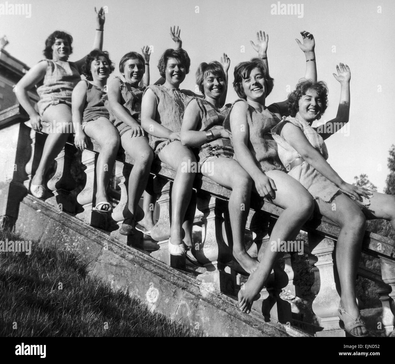 The 'Sack Look' is back in fashion against amongst girls of the University of the South West. Pictured are some of the students, who each bought a potato sack, fashioned them as garments for slave girls in the University Rag and walked all over the city of Exeter. 5th March 1961. Stock Photo