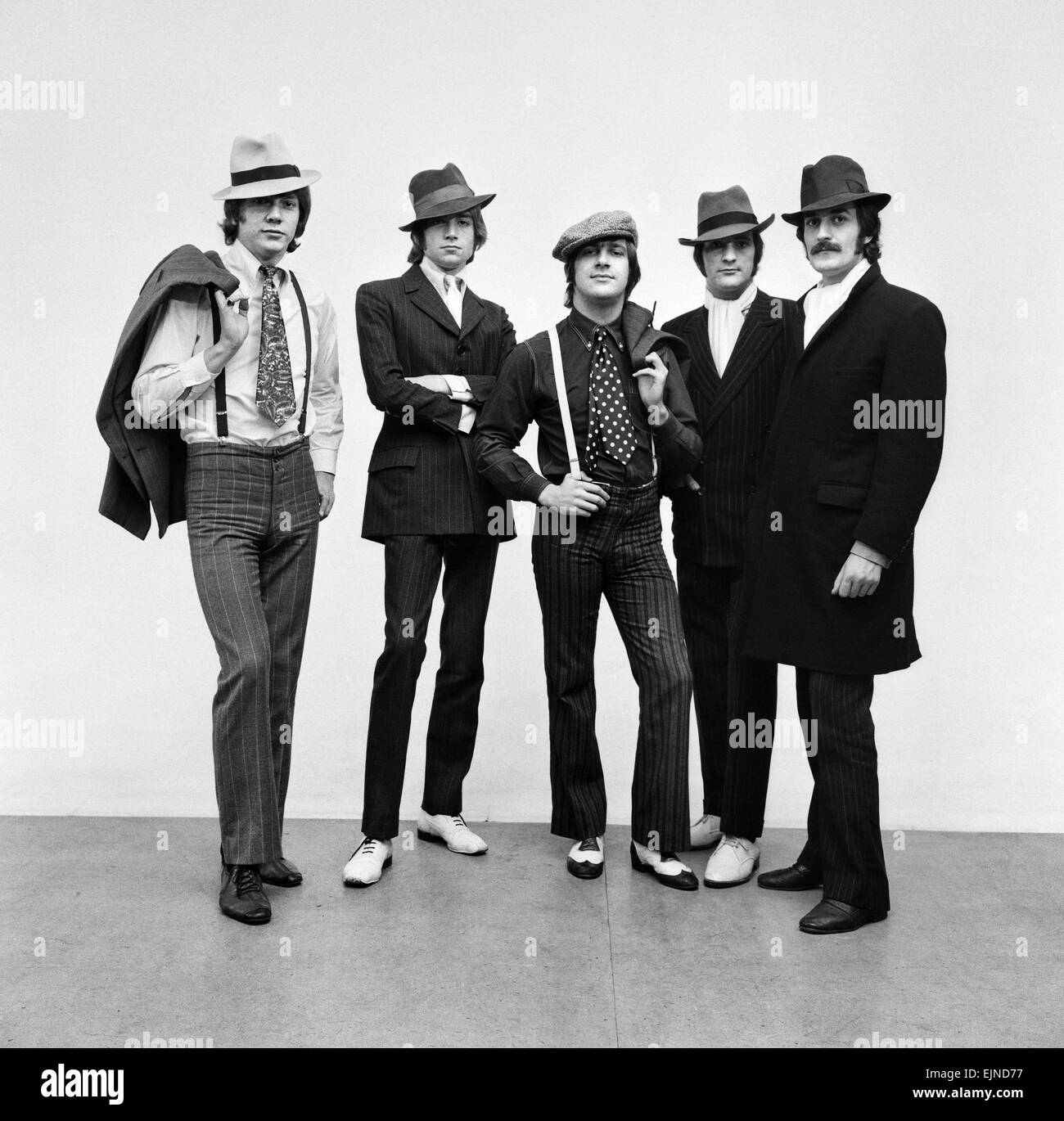 The Moody Blues, dressed as gangsters for photoshoot, 18th October 1967. From Left to Right