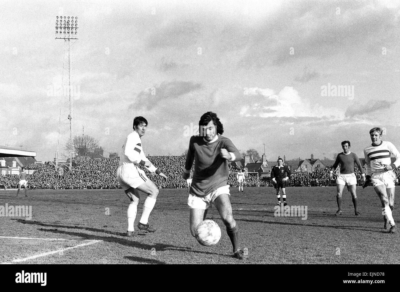 Manchester United footballer George Best in action during the FA Cup fifth round match against Northampton Town at the County Ground which United won 8-2 with six goals coming from Best himself. 7th February 1970. Stock Photo