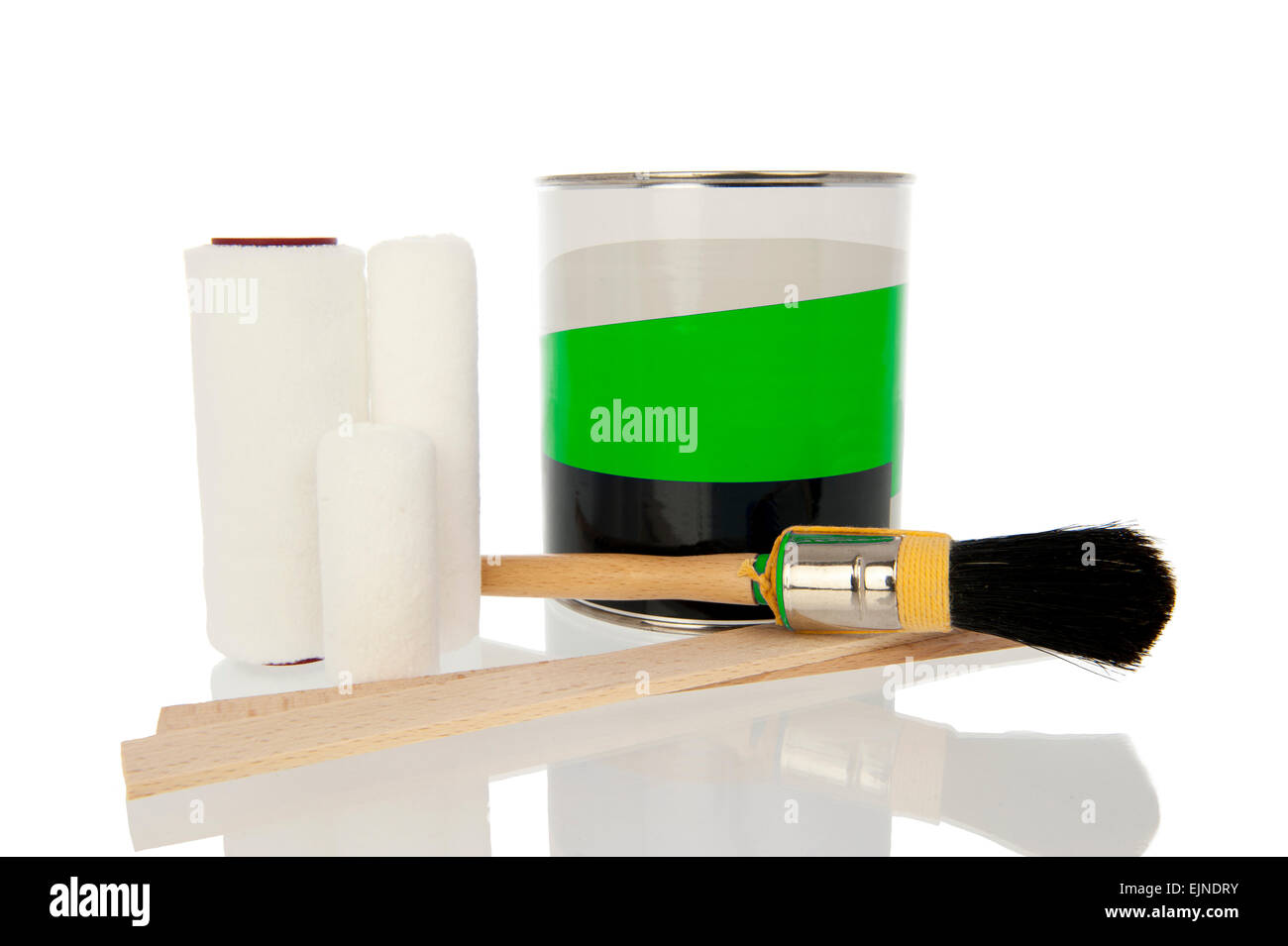 Blue can of paint with rollers, bruschand stirring sticks Stock Photo