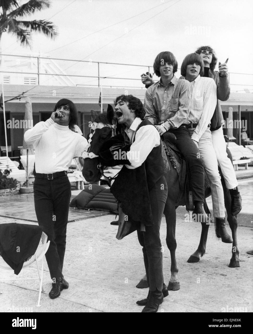 The Byrds in Miami, Florida, USA 24th July 1965. The Byrds. 1965 Band Members : David Crosby. Gene Clark. Michael Clarke. Chris Hillman. Roger McGuinn. Stock Photo