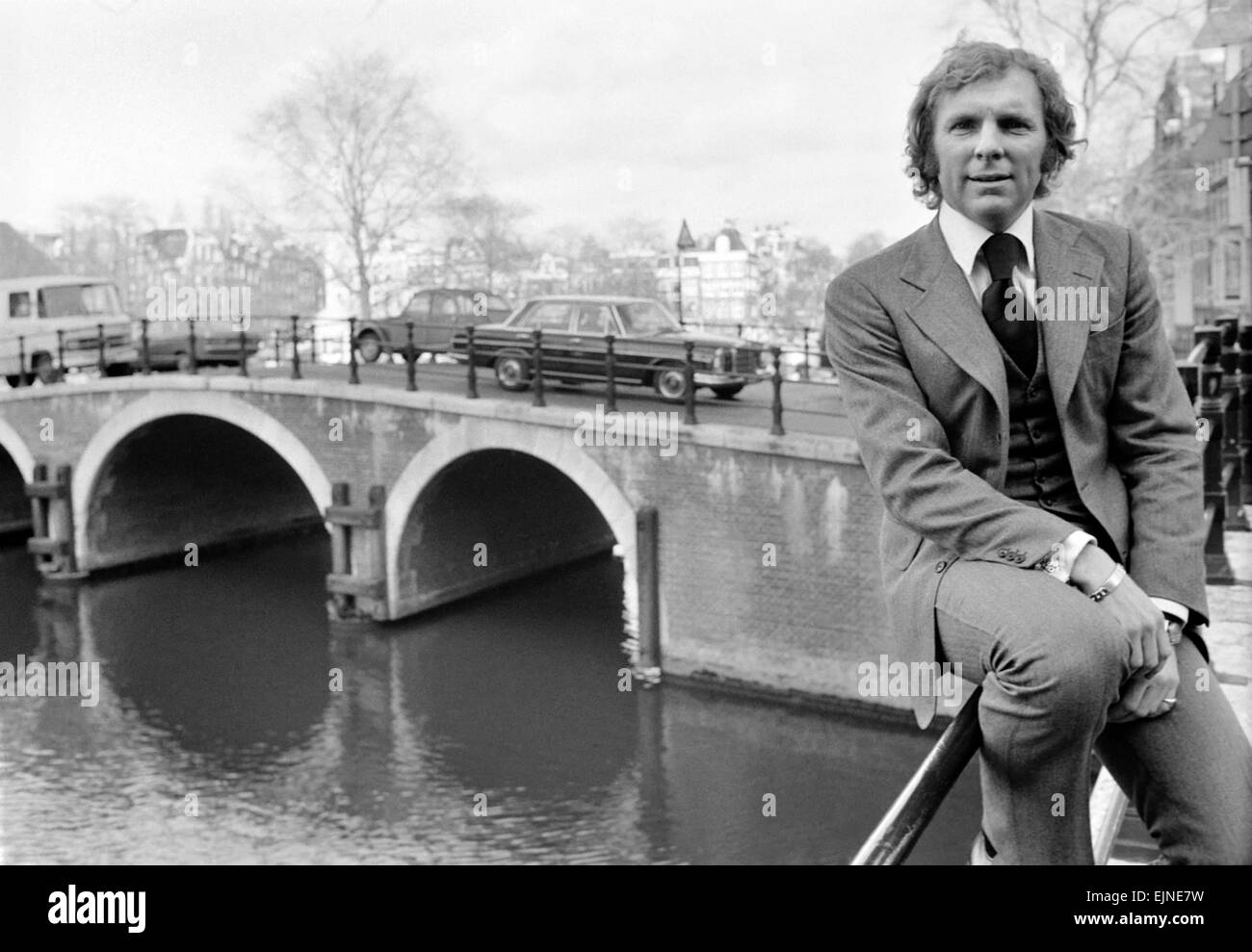 Pictures of England Captain Bobby Moore in Amsterdam, where he went to watch the Ajax vs. Bayern Munich football game. Bobby Moore in Amsterdam. March 1973 73-1994-002 Stock Photo