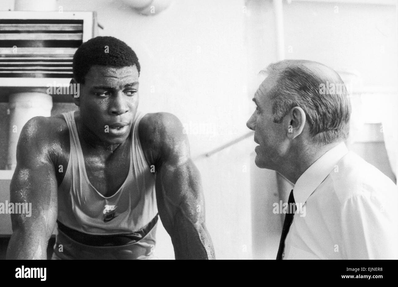 Boxer Frank Bruno with his trainer. 22nd April 1984. Stock Photo