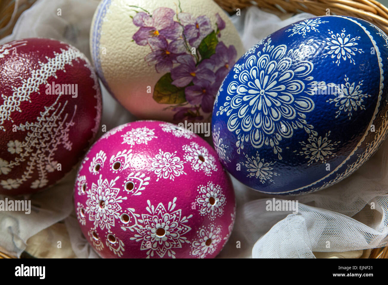 Tradition Easter eggs in basket, Painted ostrich eggs, Prague Czech