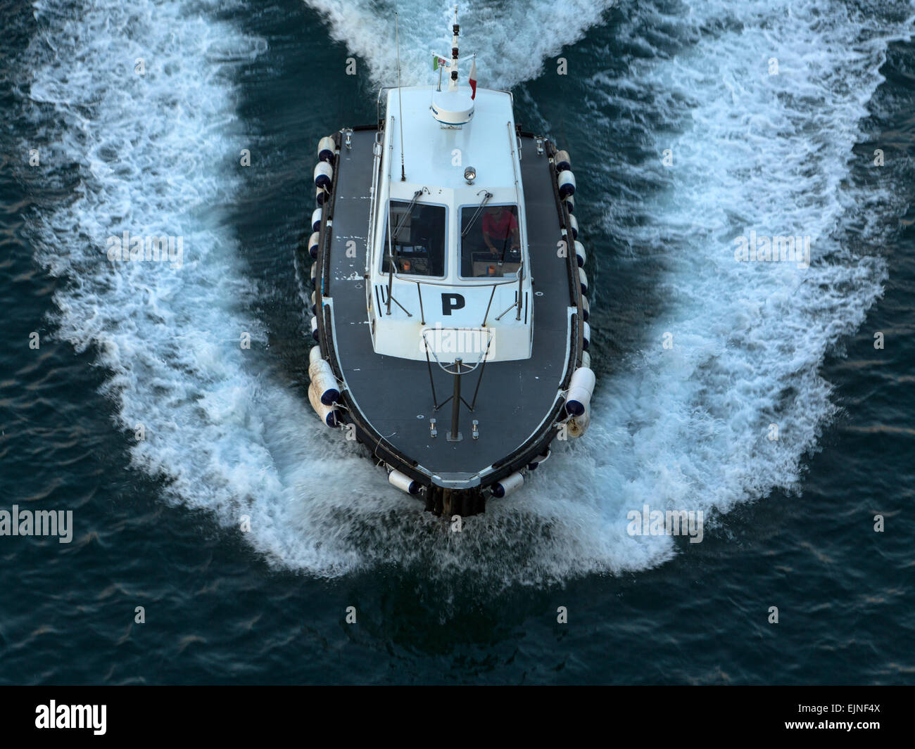 Civitavecchia, Rome Italy pilot safety boat from above Stock Photo