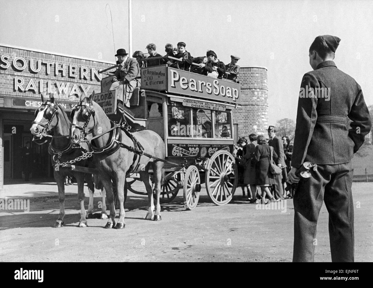 An old London Horse Bus which used to operate in Brixton is given a new lease of life transporting passengers from Chessington South Station to the zoo. 27th March 1944. Stock Photo