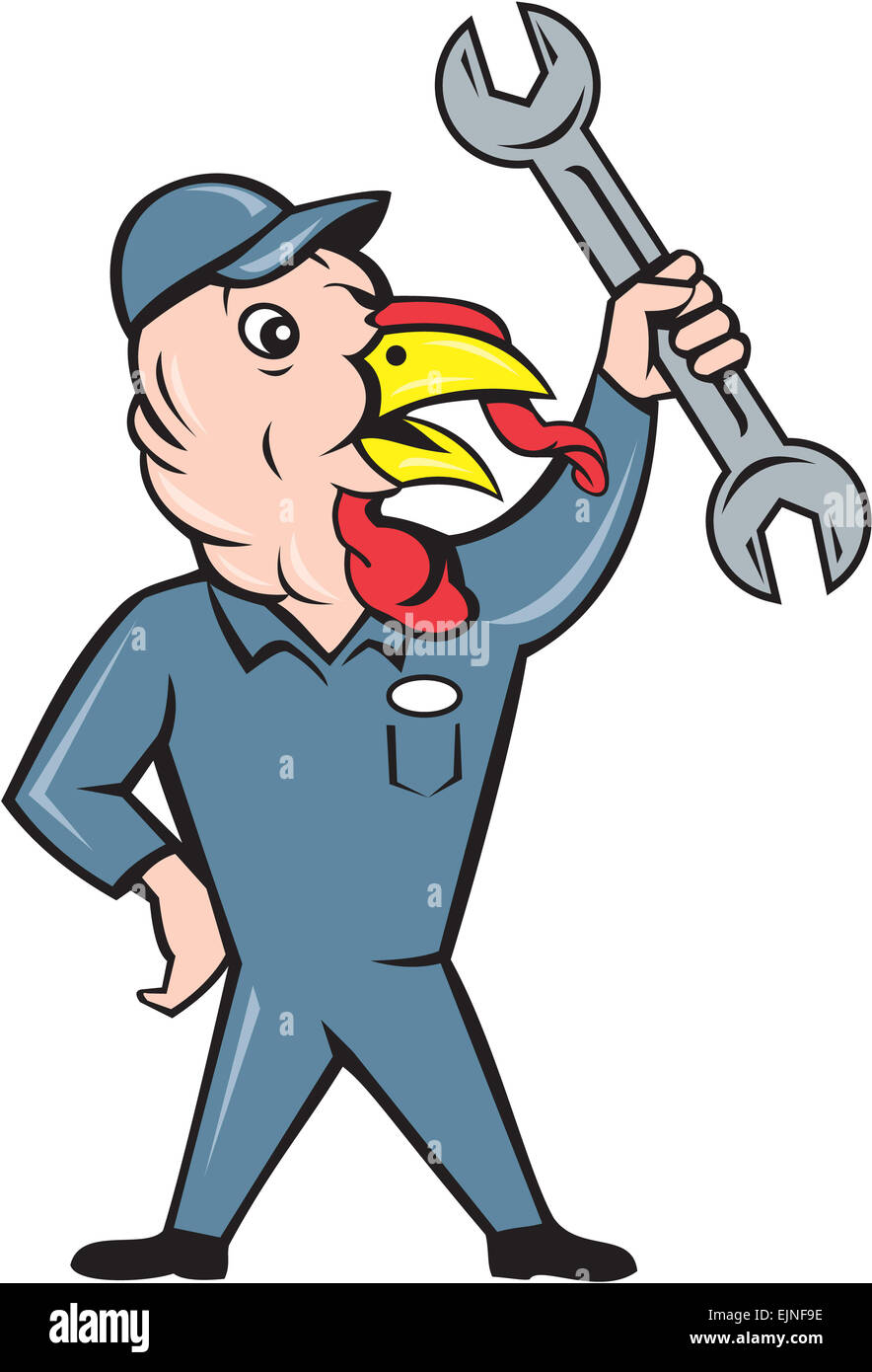 Illustration of a wild turkey mechanic standing holding clutching spanner looking to the side set done in cartoon style on isolated white background. Stock Photo