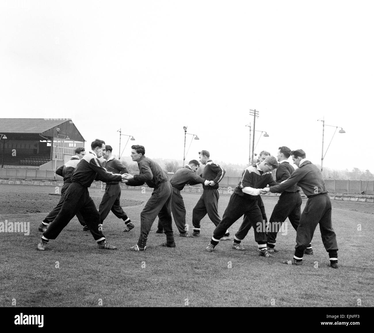 West Ham training at The Brighton and Hove Greyhound Track with Darlington FC. 13th Feb 1958. Stock Photo