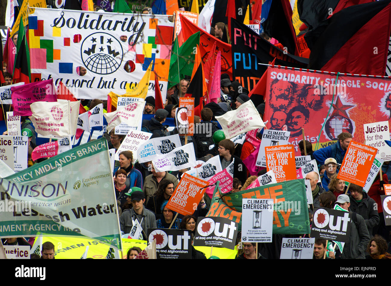 The Put People First demo was about fair distribution of wealth, decent jobs for all and low carbon emissions. Stock Photo