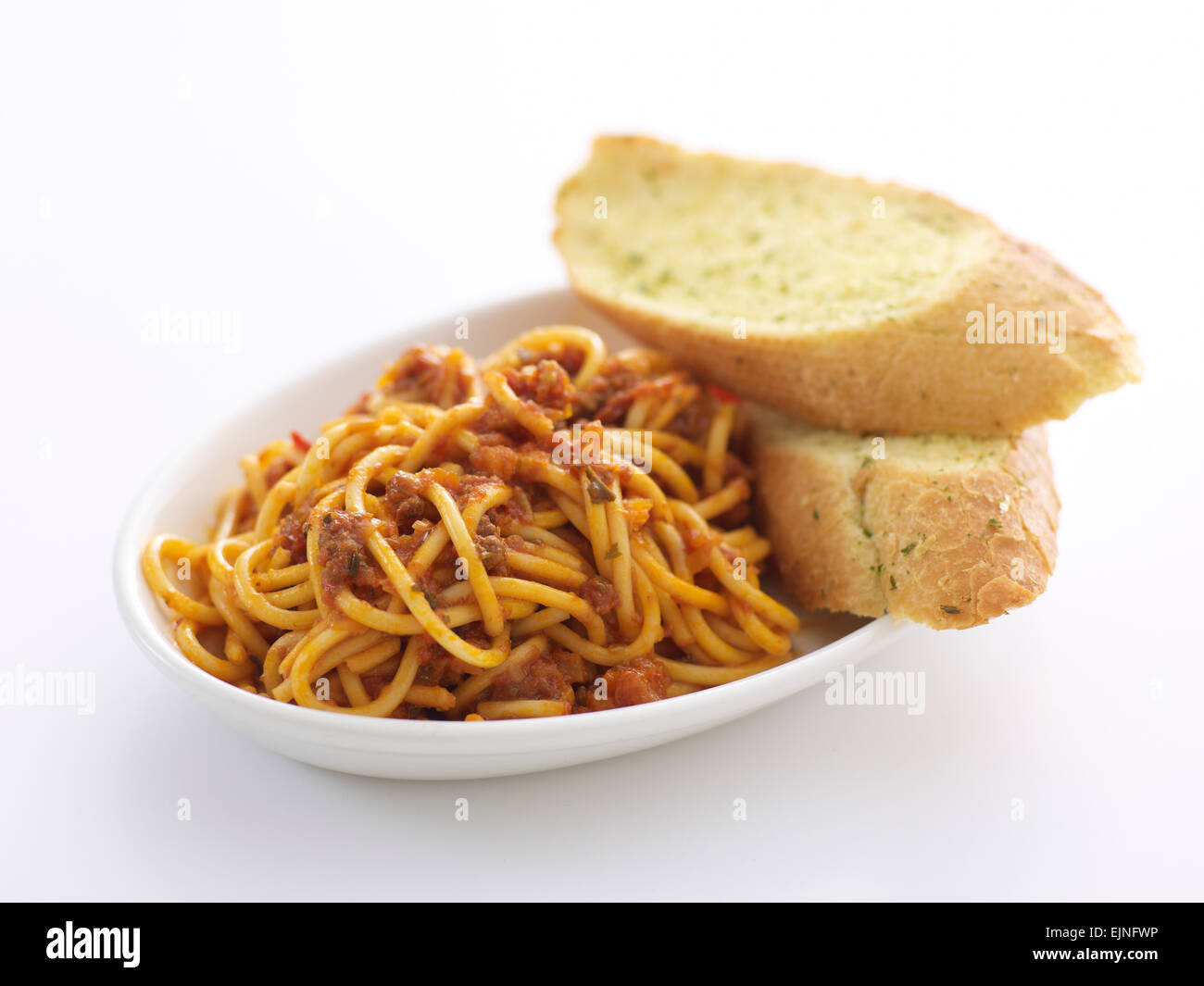 Spaghetti Bolognese with Garlic Bread Stock Photo Alamy