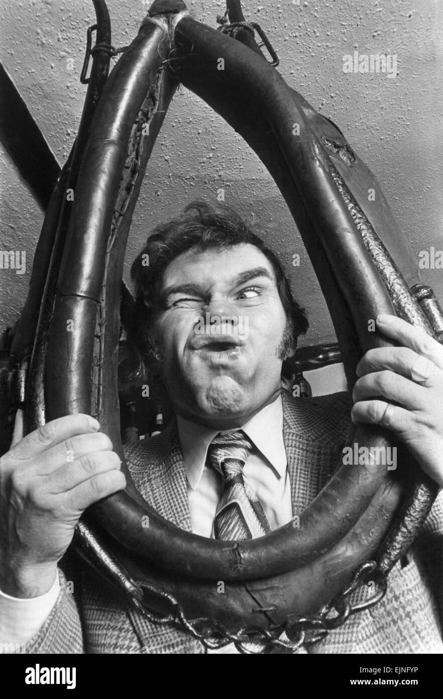 Mr. Gordon Mackinson, seen rehearsing for the start of the World Gurning championships which will be held in Britain this year. 22nd January 1977 Stock Photo