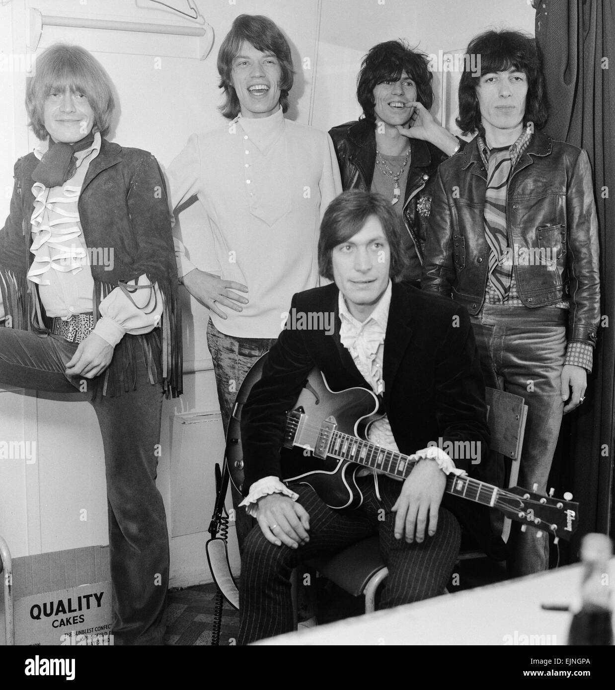 The Rolling Stones backstage after being voted best R&B band for the fifth  consecutive year at The New Musical Express Poll winners concert. Left to  right: Brian Jones, Mick Jagger, Charlie Watts,