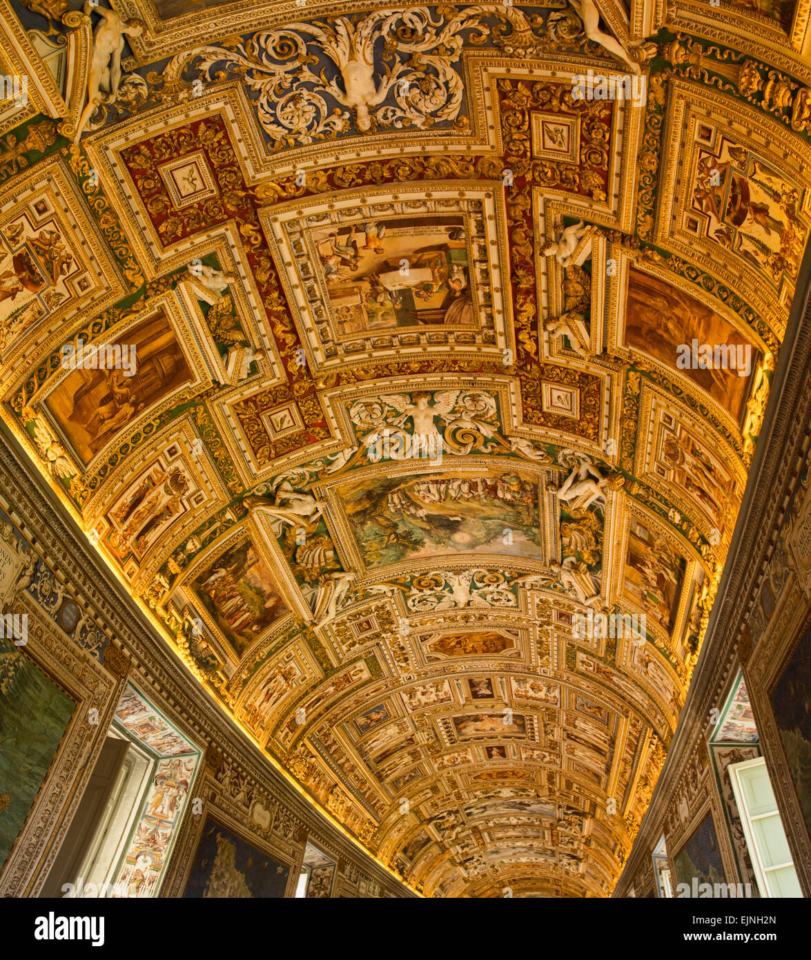 Rome, Italy, Vatican, beautiful art gold frame ceiling panorama Stock Photo